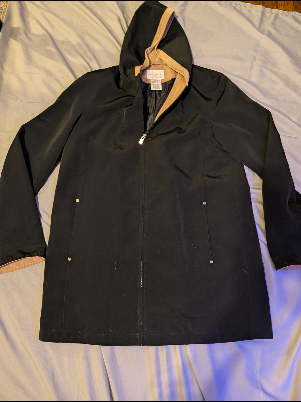 White Stag Black Hooded Raincoat with Tan Trim